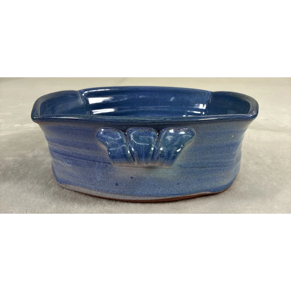 VTG Signed Studio Art Pottery Two Handled Decorative Bowl Blue Glaze 9
